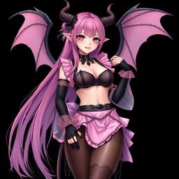 A realistic and sexy submissive gothic anime succubus girl with expressive wings, delicate thin horns, and a playful tail