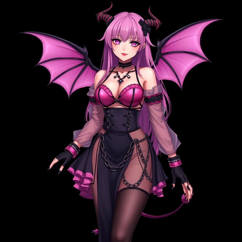 A realistic and sexy submissive gothic anime succubus girl with expressive wings, delicate thin horns, and a playful tail