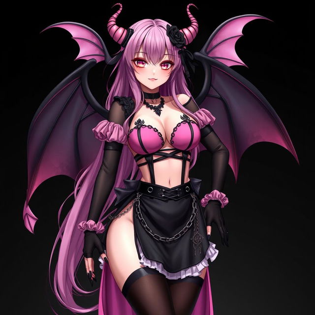 A realistic and sexy submissive gothic anime succubus girl with expressive wings, delicate thin horns, and a playful tail