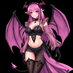 A realistic and sexy submissive gothic anime succubus girl with expressive wings, delicate thin horns, and a playful tail