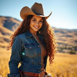 A charming and confident cowgirl with long curly hair, wearing a stylish cowboy hat, standing in an open field with golden grass