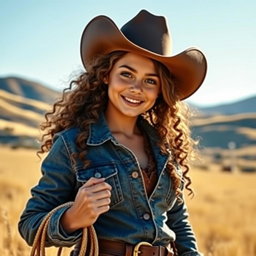 A charming and confident cowgirl with long curly hair, wearing a stylish cowboy hat, standing in an open field with golden grass