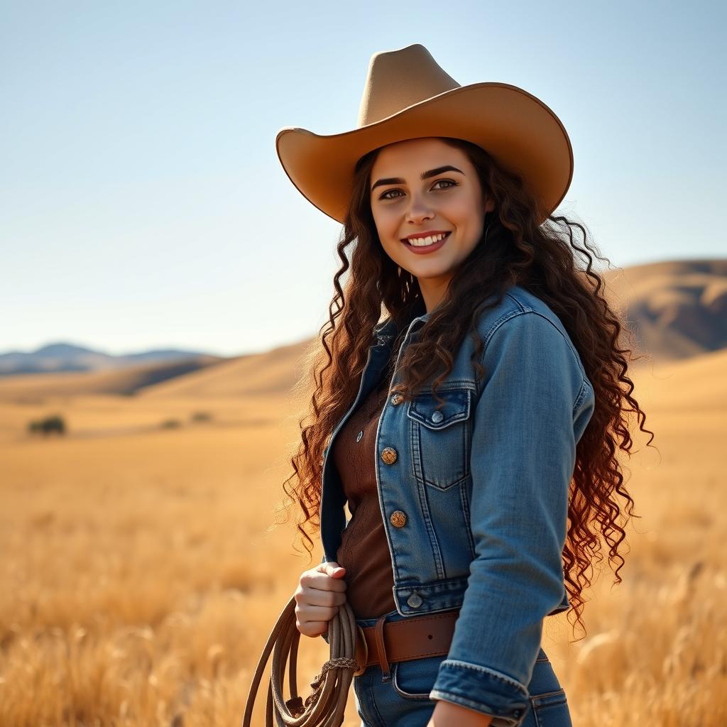 A charming and confident cowgirl with long curly hair, wearing a stylish cowboy hat, standing in an open field with golden grass