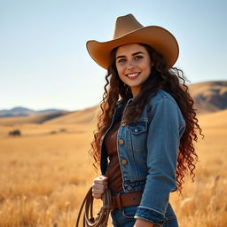 A charming and confident cowgirl with long curly hair, wearing a stylish cowboy hat, standing in an open field with golden grass