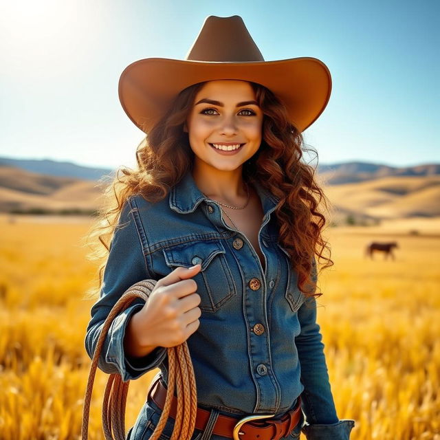 A charming and confident cowgirl with long curly hair, wearing a stylish cowboy hat, standing in an open field with golden grass