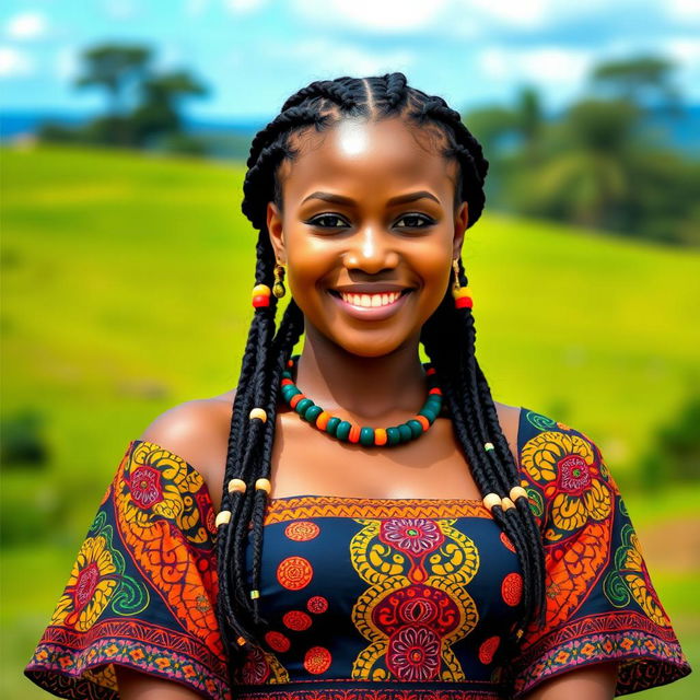 A portrait of a young African woman named Akinbiodun Omowumi Joy, standing confidently with a warm smile, wearing a beautifully designed traditional African dress with vibrant colors and intricate patterns