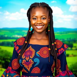 A portrait of a young African woman named Akinbiodun Omowumi Joy, standing confidently with a warm smile, wearing a beautifully designed traditional African dress with vibrant colors and intricate patterns