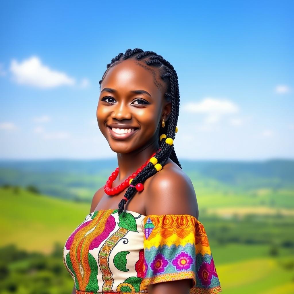 A portrait of a young African woman named Akinbiodun Omowumi Joy, standing confidently with a warm smile, wearing a beautifully designed traditional African dress with vibrant colors and intricate patterns