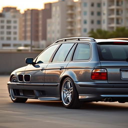 A BMW E39 Touring in a sleek greyish-blue color, featuring phase 2 bumpers, a smooth rooftop, and lowered suspension
