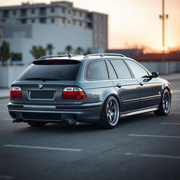 A BMW E39 Touring in a sleek greyish-blue color, featuring phase 2 bumpers, a smooth rooftop, and lowered suspension