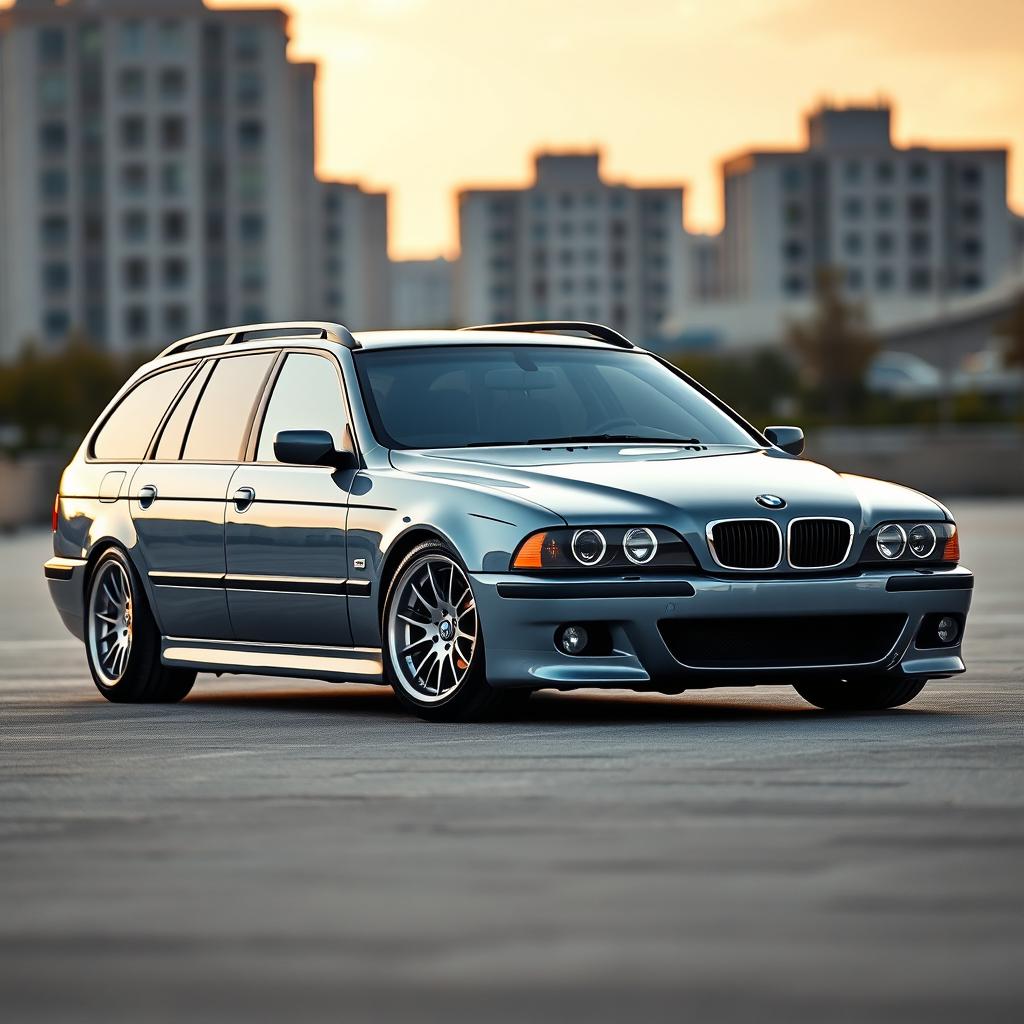 A BMW E39 Touring in a sleek greyish-blue color, featuring phase 2 bumpers, a smooth rooftop, and lowered suspension