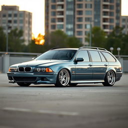 A BMW E39 Touring in a sleek greyish-blue color, featuring phase 2 bumpers, a smooth rooftop, and lowered suspension