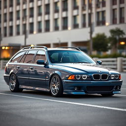 A BMW E39 Touring in a striking blue-grey color, featuring M5 E39 wheels that enhance its sporty appearance