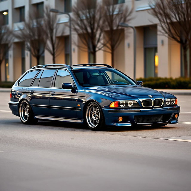 A BMW E39 Touring in a striking blue-grey color, featuring M5 E39 wheels that enhance its sporty appearance