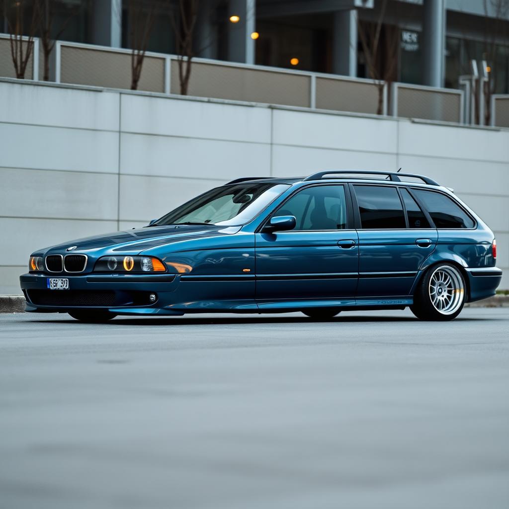 A BMW E39 Touring in a striking blue-grey color, featuring M5 E39 wheels that enhance its sporty appearance