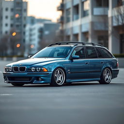 A BMW E39 Touring in a striking blue-grey color, featuring M5 E39 wheels that enhance its sporty appearance