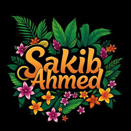A stylish and vibrant logo featuring the name 'Sakib Ahmed' creatively intertwined with elements of a lush, natural jungle