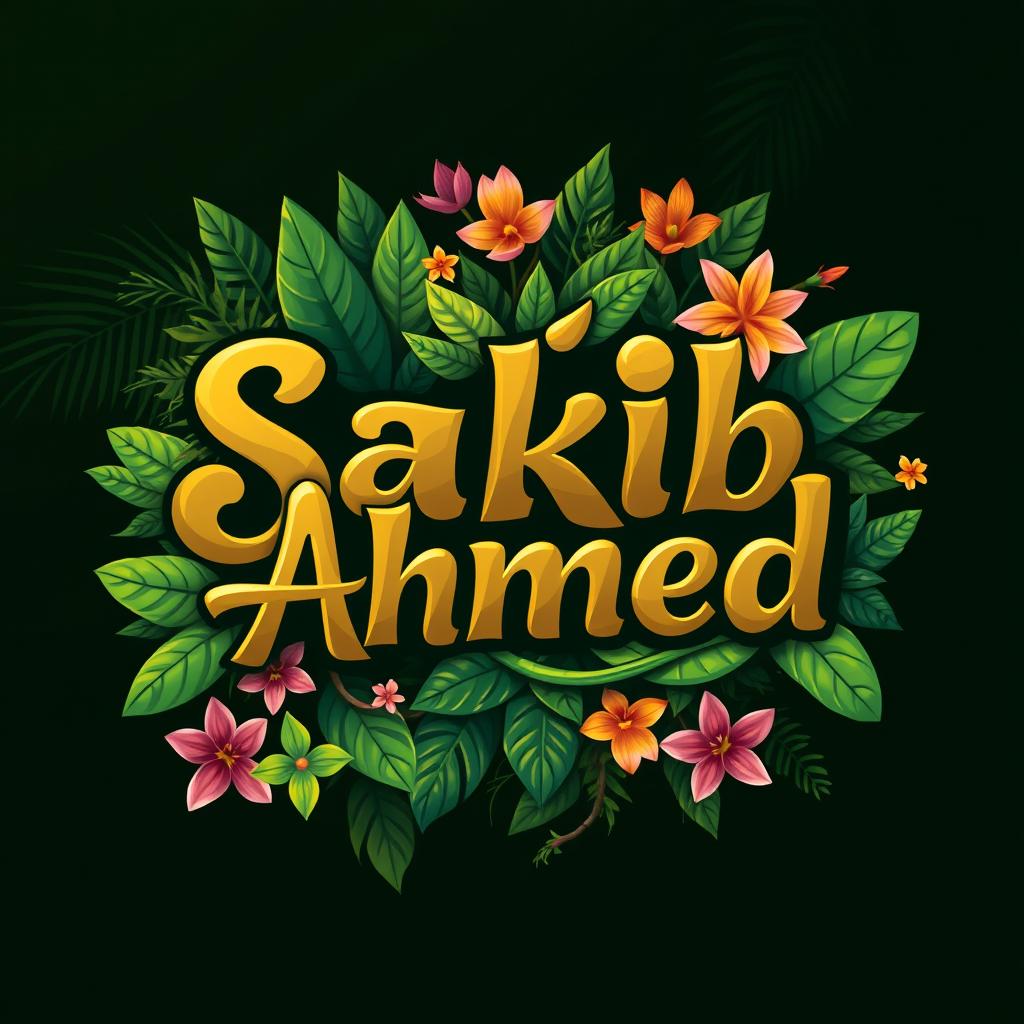 A stylish and vibrant logo featuring the name 'Sakib Ahmed' creatively intertwined with elements of a lush, natural jungle