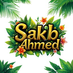 A stylish and vibrant logo featuring the name 'Sakib Ahmed' creatively intertwined with elements of a lush, natural jungle