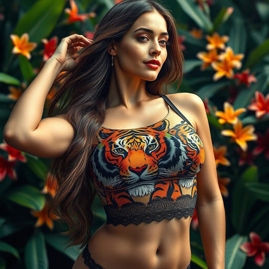 A woman wearing a creatively designed bra that features an intricate, artistic tiger pattern, showcasing vibrant oranges, blacks, and whites