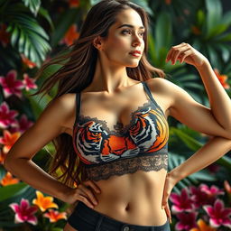 A woman wearing a creatively designed bra that features an intricate, artistic tiger pattern, showcasing vibrant oranges, blacks, and whites