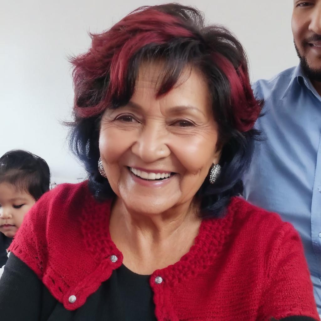 Abuela de 60 años, con cabello corto rojo oscuro delgada con nieta en brazos de 