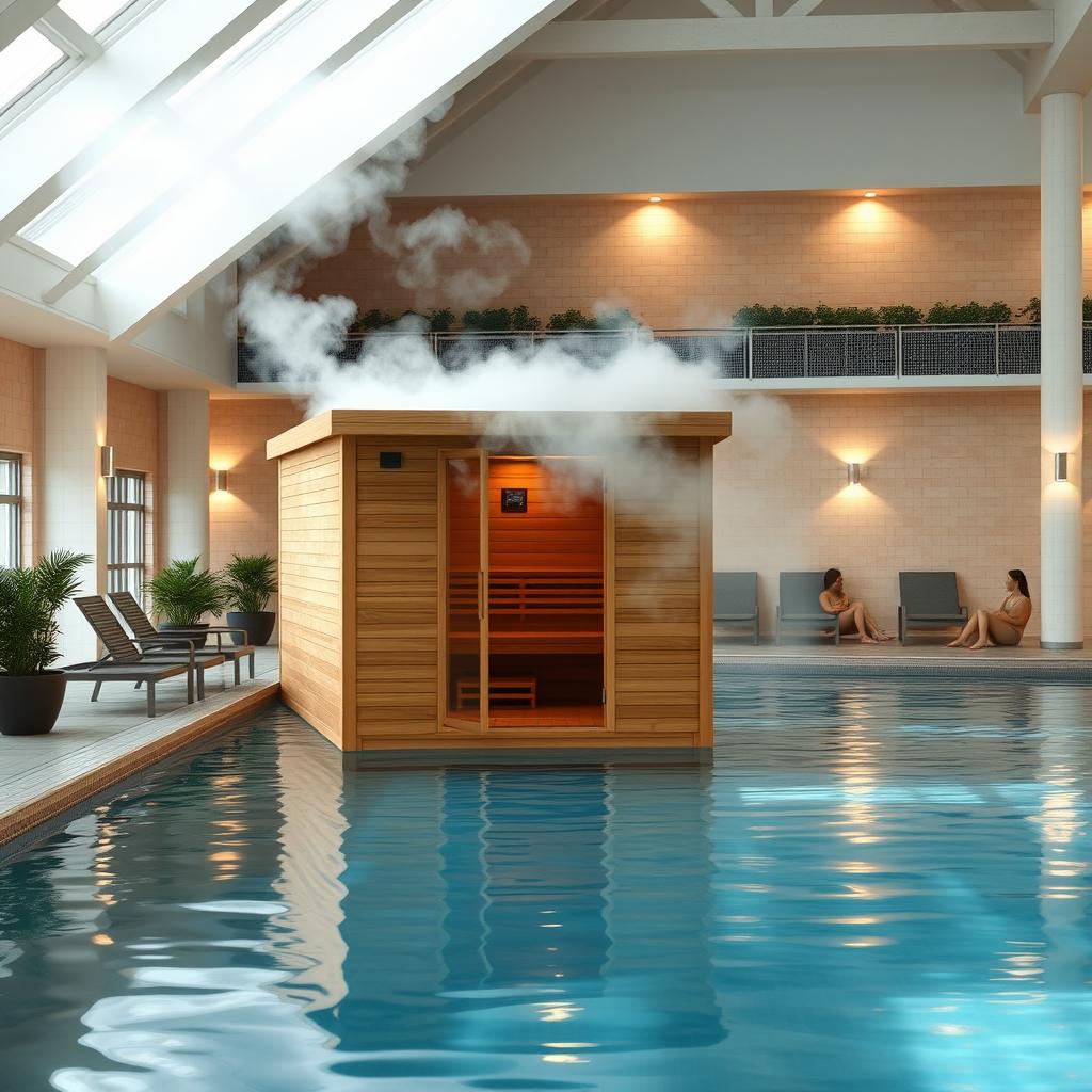 A serene public swimming pool environment featuring a steam sauna, measuring 4 meters by 4 meters
