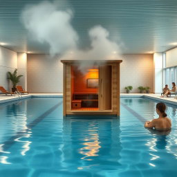 A serene public swimming pool environment featuring a steam sauna, measuring 4 meters by 4 meters