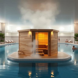 A serene public swimming pool environment featuring a steam sauna, measuring 4 meters by 4 meters