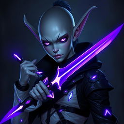 An androgynous rogue soulknife changeling with pale grey skin and mesmerizing silver eyes devoid of pupils