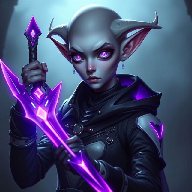 An androgynous rogue soulknife changeling with pale grey skin and mesmerizing silver eyes devoid of pupils