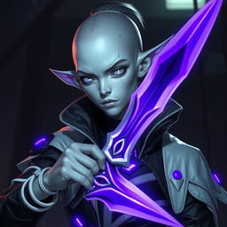 An androgynous rogue soulknife changeling with pale grey skin and mesmerizing silver eyes devoid of pupils