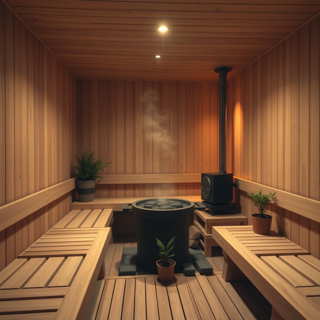 A serene sauna environment measuring 4 meters by 4 meters, featuring warm wooden walls and a gentle steam rising from hot stones