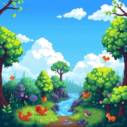 A vibrant and colorful pixel art scene of a fantasy forest, featuring pixelated trees with varying shades of green, a bright blue sky with fluffy, white clouds, and a small, sparkling river running through the center
