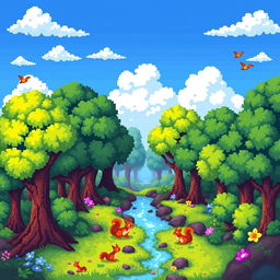 A vibrant and colorful pixel art scene of a fantasy forest, featuring pixelated trees with varying shades of green, a bright blue sky with fluffy, white clouds, and a small, sparkling river running through the center
