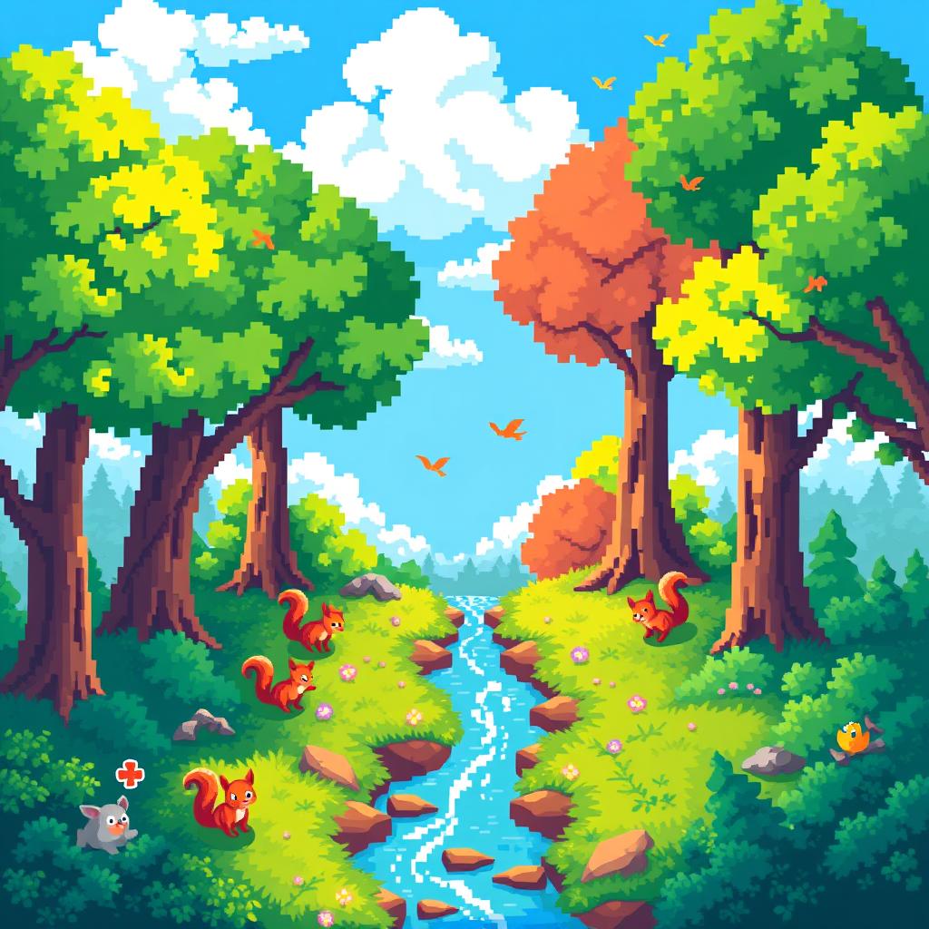 A vibrant and colorful pixel art scene of a fantasy forest, featuring pixelated trees with varying shades of green, a bright blue sky with fluffy, white clouds, and a small, sparkling river running through the center