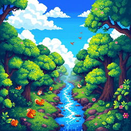 A vibrant and colorful pixel art scene of a fantasy forest, featuring pixelated trees with varying shades of green, a bright blue sky with fluffy, white clouds, and a small, sparkling river running through the center