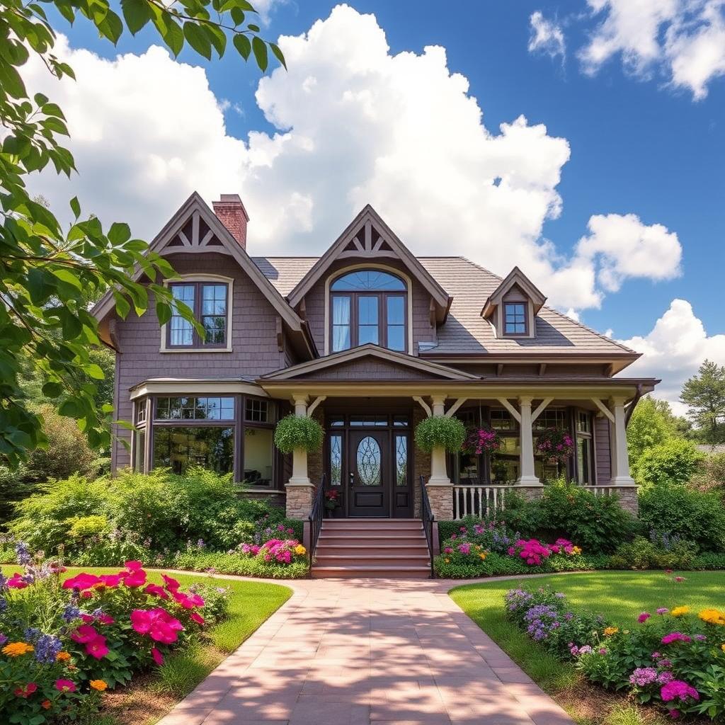 An exquisite, enchanting house set in a tranquil environment, surrounded by lush greenery and vibrant flowers