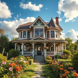 An exquisite, enchanting house set in a tranquil environment, surrounded by lush greenery and vibrant flowers