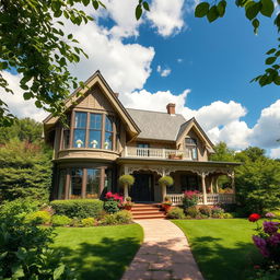 An exquisite, enchanting house set in a tranquil environment, surrounded by lush greenery and vibrant flowers