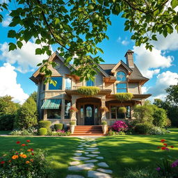 An exquisite, enchanting house set in a tranquil environment, surrounded by lush greenery and vibrant flowers
