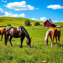 A serene landscape featuring a beautiful countryside with rolling hills and vibrant green pastures