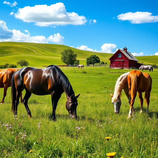 A serene landscape featuring a beautiful countryside with rolling hills and vibrant green pastures