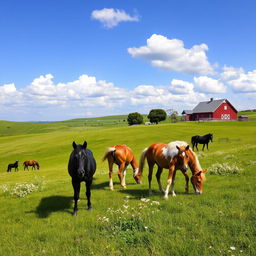 A serene landscape featuring a beautiful countryside with rolling hills and vibrant green pastures