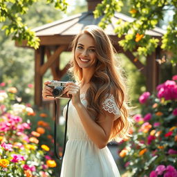A beautiful woman with long, flowing hair, wearing an elegant white dress embellished with lace and delicate embroidery