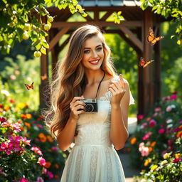 A beautiful woman with long, flowing hair, wearing an elegant white dress embellished with lace and delicate embroidery