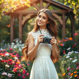 A beautiful woman with long, flowing hair, wearing an elegant white dress embellished with lace and delicate embroidery