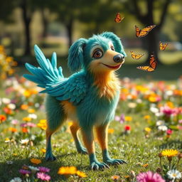 A whimsical and imaginative creature that resembles a dog but has colorful feathers like a bird