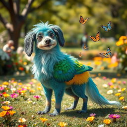 A whimsical and imaginative creature that resembles a dog but has colorful feathers like a bird