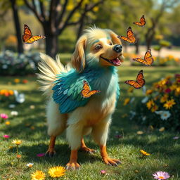 A whimsical and imaginative creature that resembles a dog but has colorful feathers like a bird